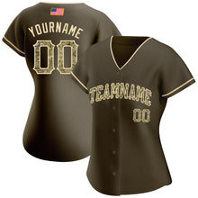 Load image into Gallery viewer, Custom Olive Camo-City Cream Authentic American Flag Fashion Salute To Service Baseball Jersey
