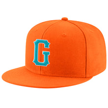 Laden Sie das Bild in den Galerie-Viewer, Custom Orange Aqua-White Stitched Adjustable Snapback Hat
