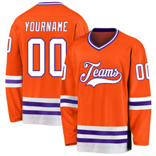 Laden Sie das Bild in den Galerie-Viewer, Custom Orange White-Purple Hockey Jersey
