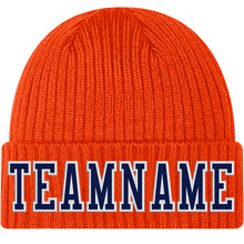 Load image into Gallery viewer, Custom Orange Navy-White Stitched Cuffed Knit Hat
