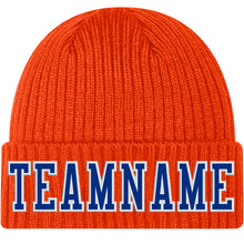 Load image into Gallery viewer, Custom Orange Royal-White Stitched Cuffed Knit Hat
