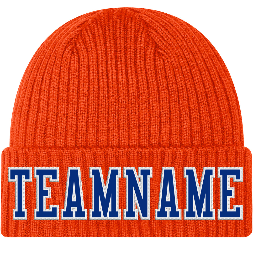 Custom Orange Royal-White Stitched Cuffed Knit Hat