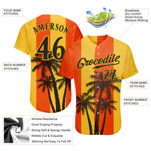 Custom Orange Black-Gold 3D Pattern Design Coconut Trees Authentic Baseball Jersey