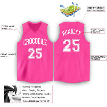 Custom Pink White V-Neck Basketball Jersey