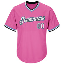 Laden Sie das Bild in den Galerie-Viewer, Custom Pink White-Light Blue Authentic Throwback Rib-Knit Baseball Jersey Shirt

