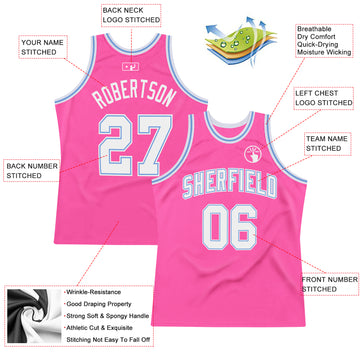 Custom Pink White-Light Blue Authentic Throwback Basketball Jersey