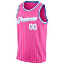 Load image into Gallery viewer, Custom Pink White Pinstripe White-Light Blue Authentic Basketball Jersey
