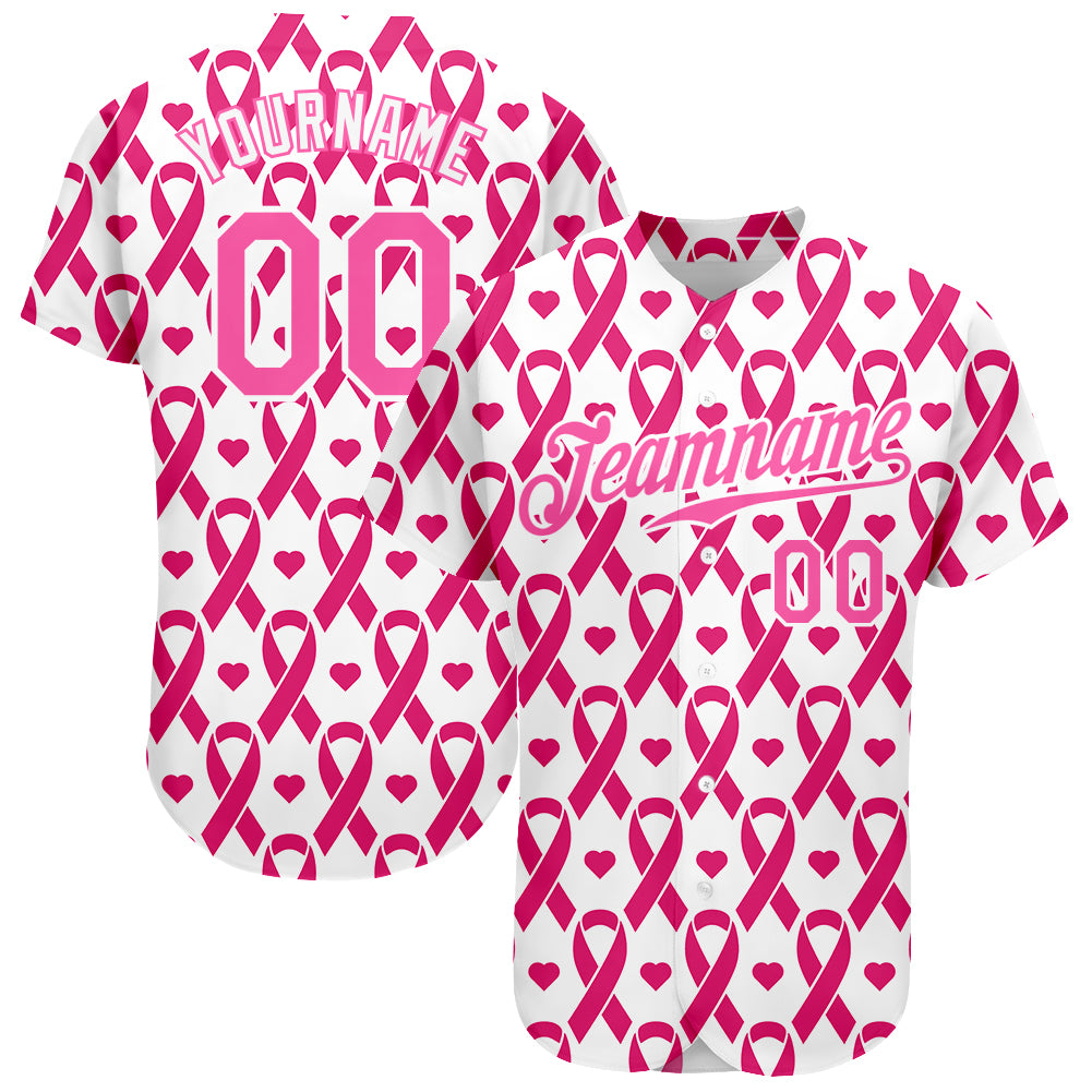 Custom Pink Pink-White 3D Pattern Design Breast Cancer Authentic Baseball Jersey