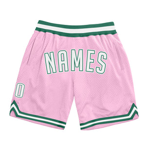 Custom Light Pink White-Kelly Green Authentic Throwback Basketball Shorts