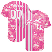Laden Sie das Bild in den Galerie-Viewer, Custom Pink White 3D Pattern Design Tropical Palm Leaves And Famingo Authentic Baseball Jersey
