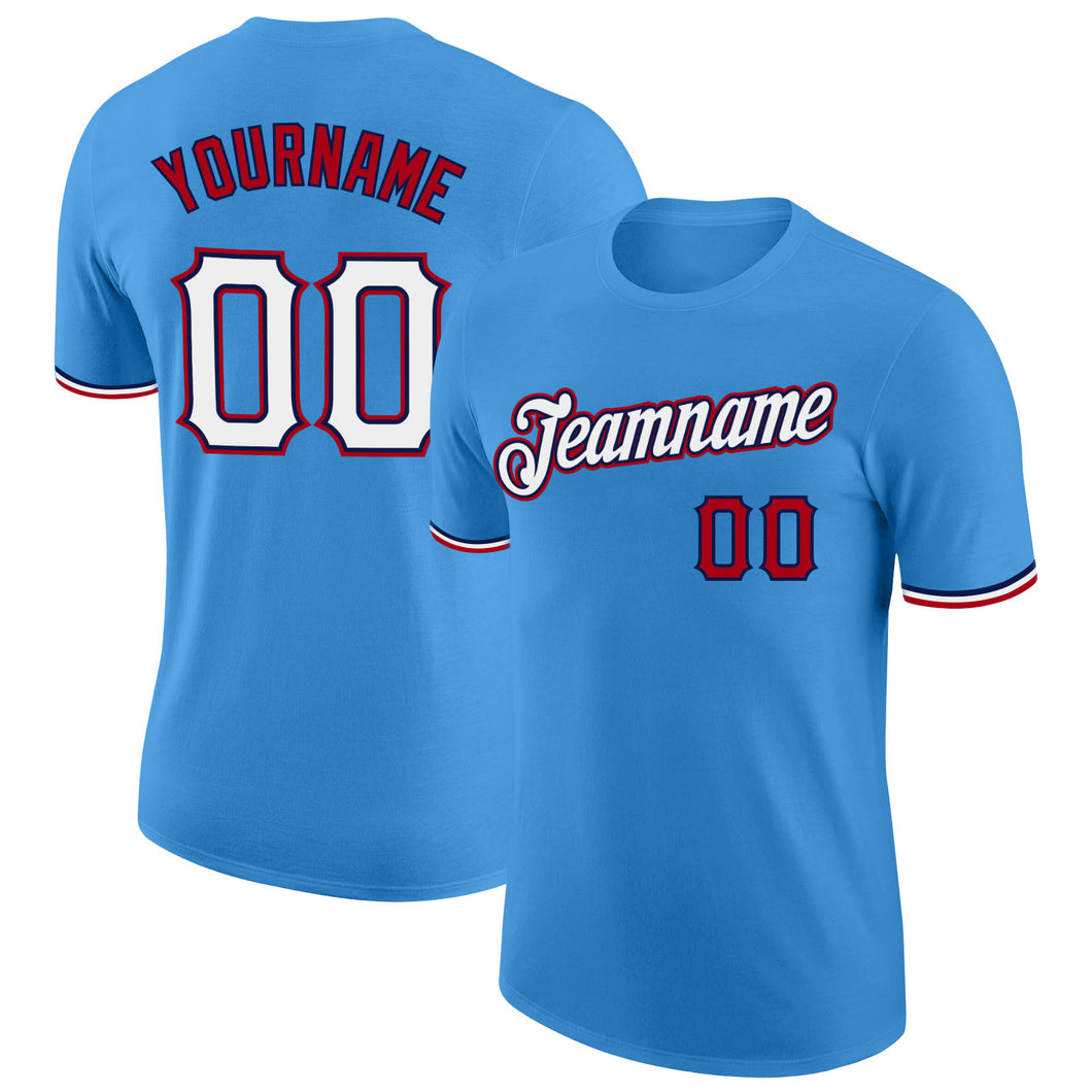 Custom Powder Blue White-Red Performance T-Shirt