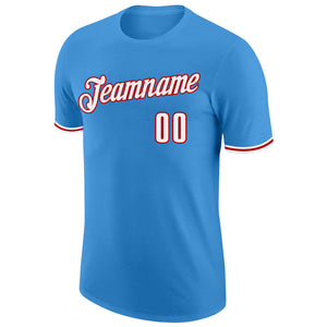 Custom Powder Blue White-Red Performance T-Shirt