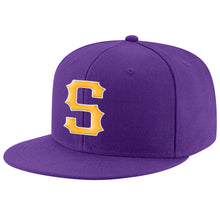 Load image into Gallery viewer, Custom Purple Gold-White Stitched Adjustable Snapback Hat
