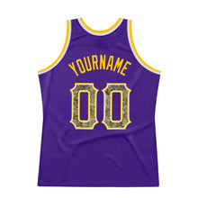 Load image into Gallery viewer, Custom Purple Camo-Gold Authentic Throwback Basketball Jersey
