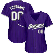 Laden Sie das Bild in den Galerie-Viewer, Custom Purple Black Pinstripe White-Gray Authentic Baseball Jersey
