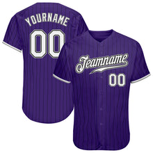Laden Sie das Bild in den Galerie-Viewer, Custom Purple Black Pinstripe White-Gray Authentic Baseball Jersey
