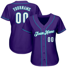 Load image into Gallery viewer, Custom Purple White-Teal Authentic Baseball Jersey

