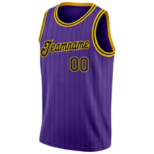 Load image into Gallery viewer, Custom Purple Black Pinstripe Black-Gold Authentic Basketball Jersey
