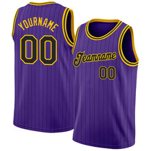 Load image into Gallery viewer, Custom Purple Black Pinstripe Black-Gold Authentic Basketball Jersey
