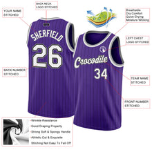 Load image into Gallery viewer, Custom Purple Black Pinstripe White-Gray Authentic Basketball Jersey
