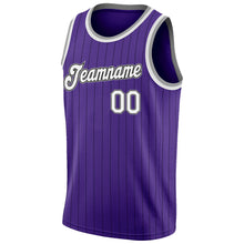 Charger l&#39;image dans la galerie, Custom Purple Black Pinstripe White-Gray Authentic Basketball Jersey
