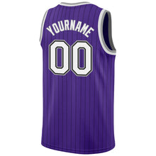 Charger l&#39;image dans la galerie, Custom Purple Black Pinstripe White-Gray Authentic Basketball Jersey
