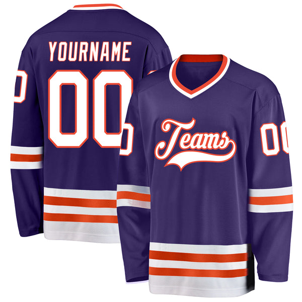 Custom White Purple-Orange Hockey Jersey