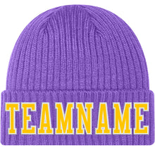 Load image into Gallery viewer, Custom Purple Gold-White Stitched Cuffed Knit Hat
