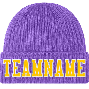 Custom Purple Gold-White Stitched Cuffed Knit Hat