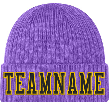 Custom Purple Black-Gold Stitched Cuffed Knit Hat