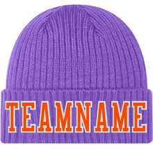 Laden Sie das Bild in den Galerie-Viewer, Custom Purple Orange-White Stitched Cuffed Knit Hat
