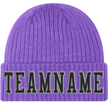 Custom Purple Black-Gray Stitched Cuffed Knit Hat