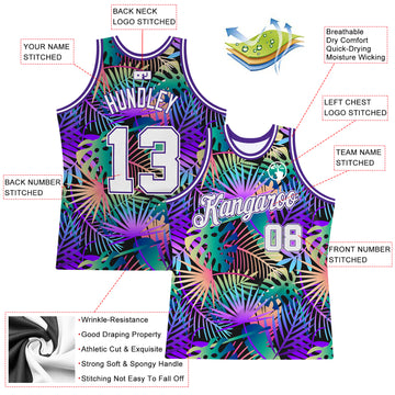 Custom Purple White-Purple 3D Pattern Tropical Hawaii Plants Authentic Basketball Jersey