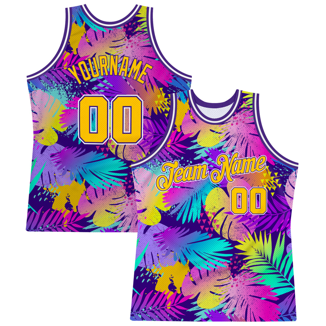 Custom Purple Gold-White 3D Pattern Tropical Hawaii Plants Authentic Basketball Jersey