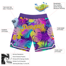 Charger l&#39;image dans la galerie, Custom Purple Gold-White 3D Pattern Design Tropical Palm Leaves Authentic Basketball Shorts
