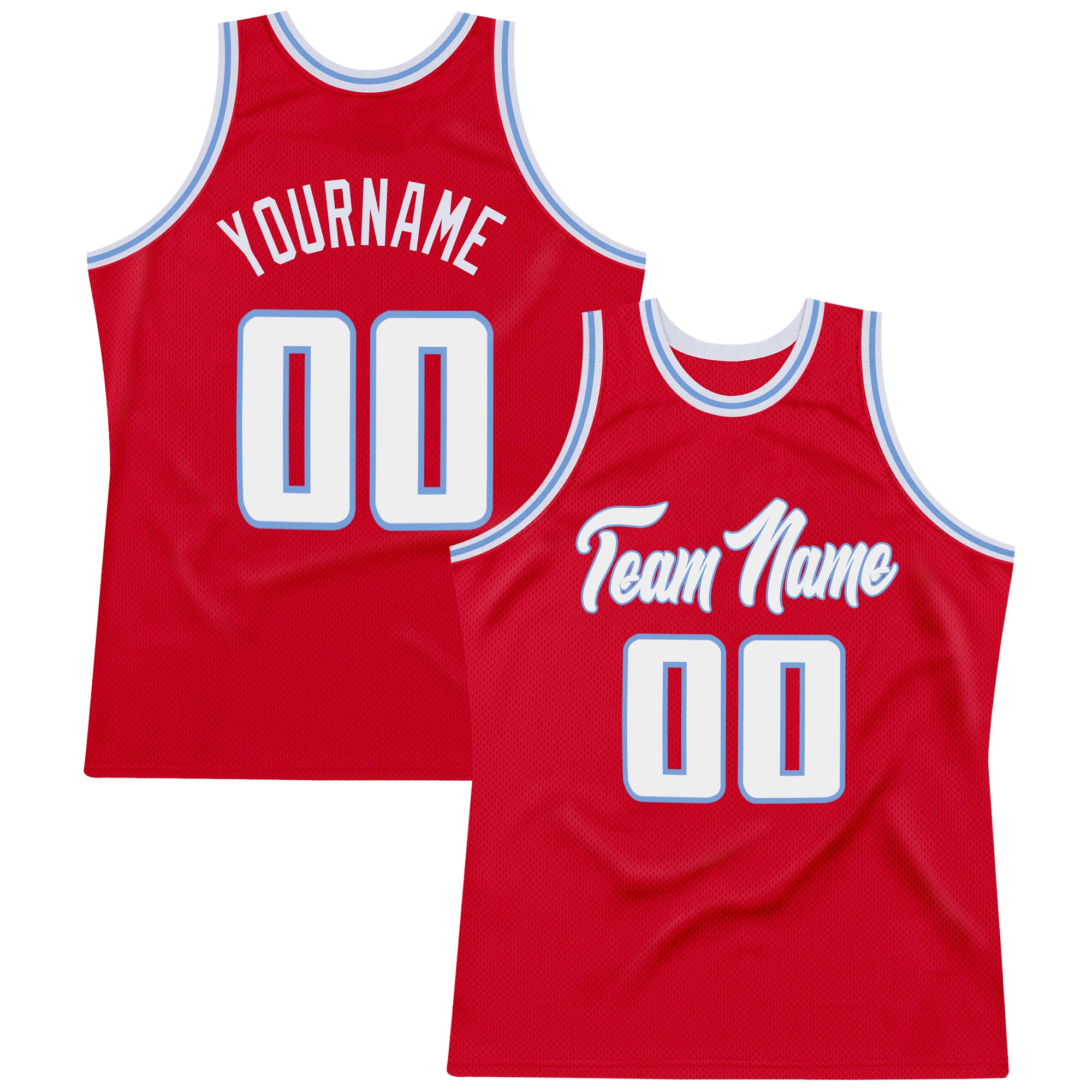 FANSIDEA Custom Light Blue Red-White Round Neck Rib-Knit Basketball Jersey Men's Size:L