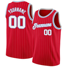 Load image into Gallery viewer, Custom Red White Pinstripe White-Light Blue Authentic Basketball Jersey
