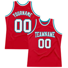 Load image into Gallery viewer, Custom Red White-Teal Authentic Throwback Basketball Jersey
