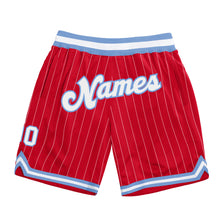 Load image into Gallery viewer, Custom Red White Pinstripe White-Light Blue Authentic Basketball Shorts
