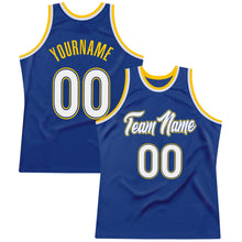 Load image into Gallery viewer, Custom Royal White-Gold Authentic Throwback Basketball Jersey
