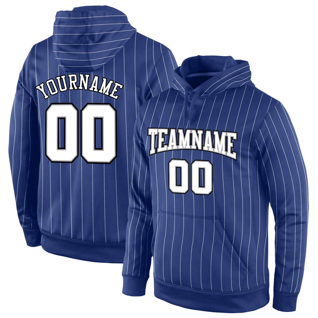 Custom Stitched Royal White Pinstripe White-Black Sports Pullover Sweatshirt Hoodie