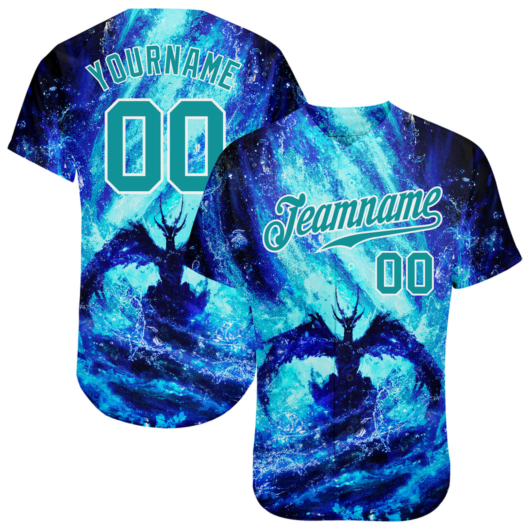 Custom Royal Teal-White 3D Pattern Design Water Dragon Authentic Baseball Jersey