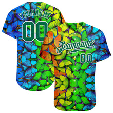 Laden Sie das Bild in den Galerie-Viewer, Custom Royal Kelly Green-White 3D Pattern Design Multicolored Butterflies Authentic Baseball Jersey

