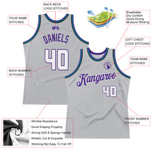 Laden Sie das Bild in den Galerie-Viewer, Custom Gray White-Purple Authentic Throwback Basketball Jersey
