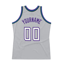 Laden Sie das Bild in den Galerie-Viewer, Custom Gray White-Purple Authentic Throwback Basketball Jersey
