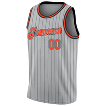 Load image into Gallery viewer, Custom Gray Black Pinstripe Orange-Black Authentic Basketball Jersey
