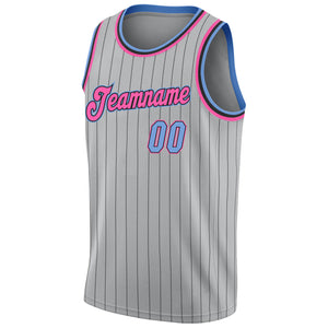 Custom Gray Black Pinstripe Light Blue-Pink Authentic Basketball Jersey