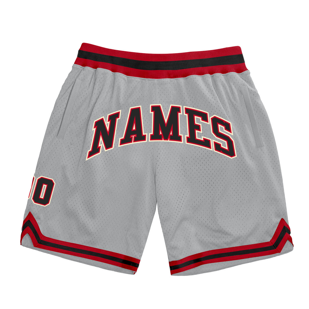 Custom Gray Black-Red Authentic Throwback Basketball Shorts