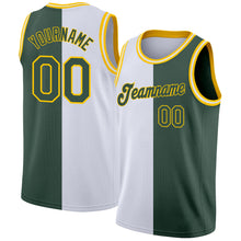 Laden Sie das Bild in den Galerie-Viewer, Custom White Hunter Green-Gold Authentic Split Fashion Basketball Jersey
