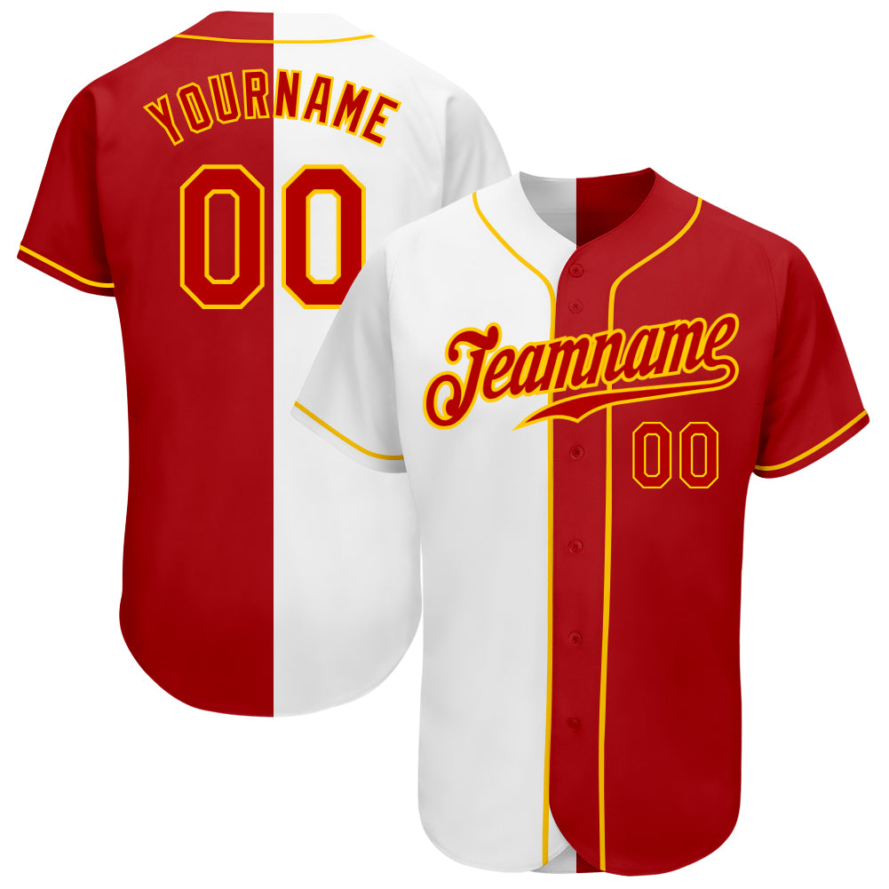 Custom White Red-Gold Authentic Split Fashion Baseball Jersey